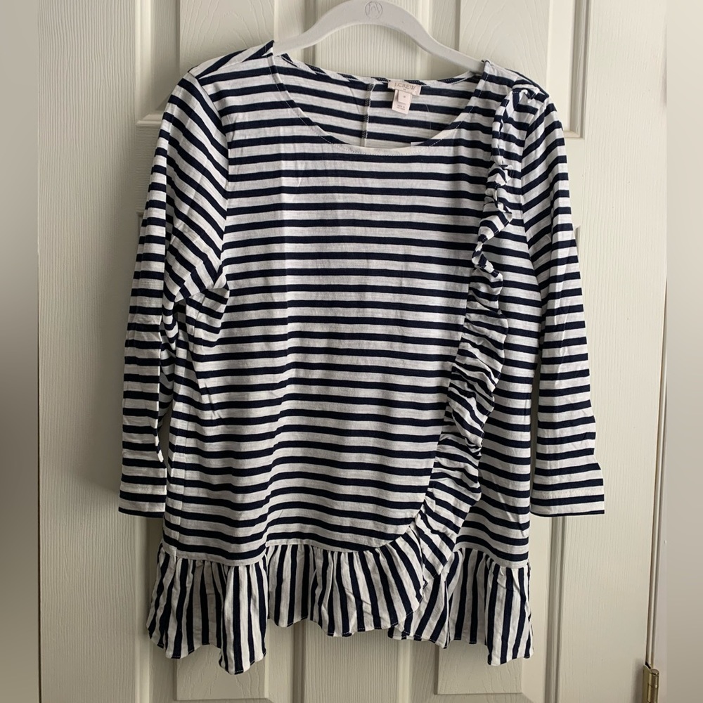 J.Crew Asymmetric Striped Peplum Ruffle Top Tee Navy Medium